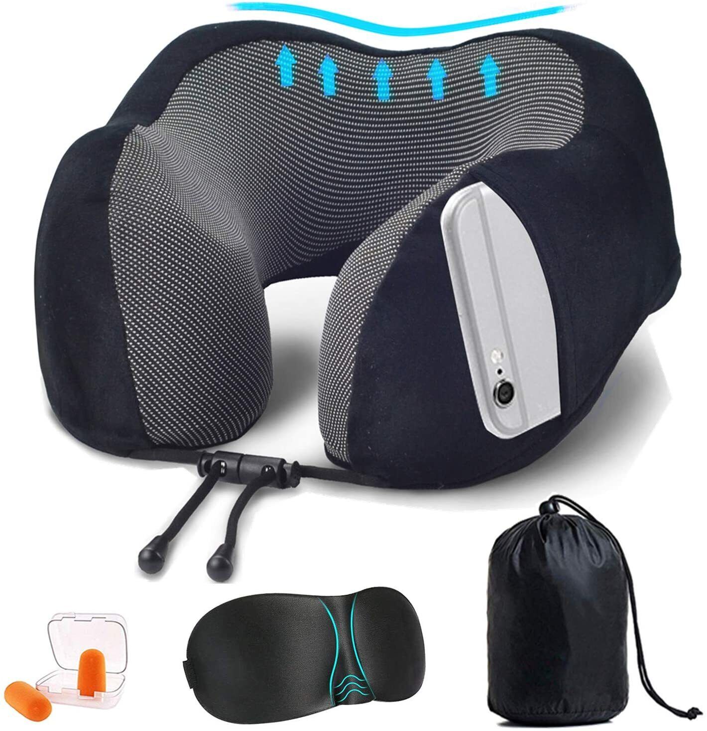 Nackenkissen Set mit Schlafmaske und Ohrstöpsel Memoryschaum Reisekissen - AbisZHandel